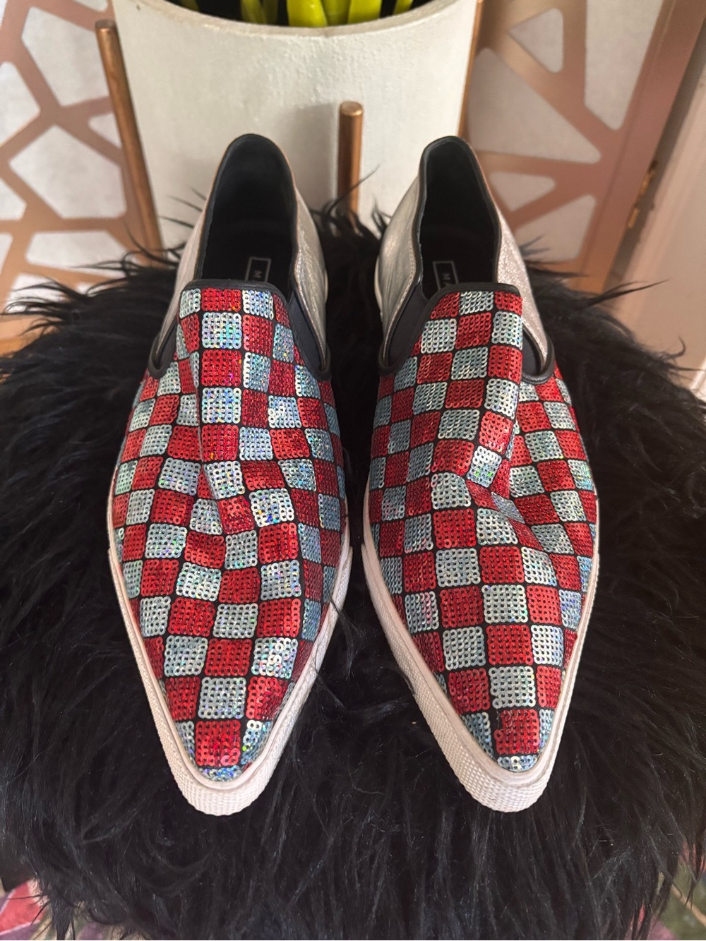 Marc Jacobs Sequin Checkerboard Slip On Sneakers Silver Red Size 39 US 8.5